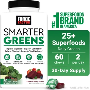 Force Factor Smarter Greens Supplement with Probiotics, Antioxidants & Fiber for Bloating, Digestion, Gut Health & Energy, Summer Berry, 60 Soft Chews