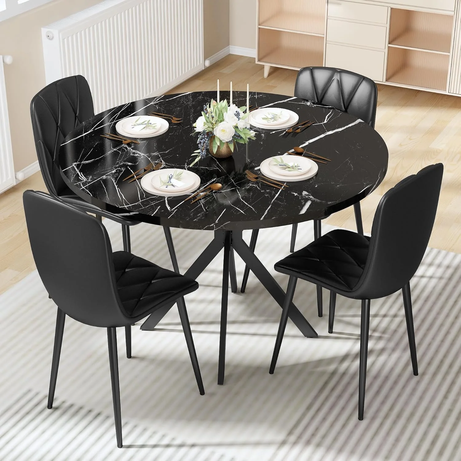 LinkRomat Round Kitchen Table and Chairs Set, 5-Piece Dining Room Table Set with Faux Marble Top & 4 Luxury Diamond Tufted Chairs, Used in Kitchens and Dining (Black+Black)