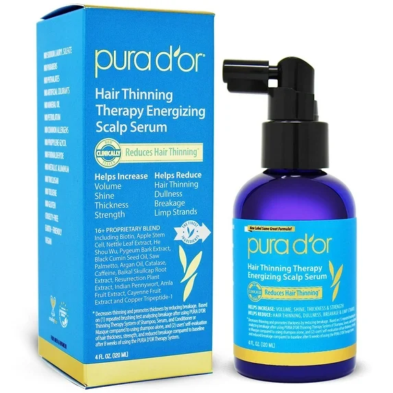 PURA D'OR Hair Thinning Therapy Energizing Scalp Serum Revitalizer (4oz) with Argan Oil, Biotin, Caffeine, Stem Cell, Catalase & DHT Blockers, All Hair Types, Men & Women