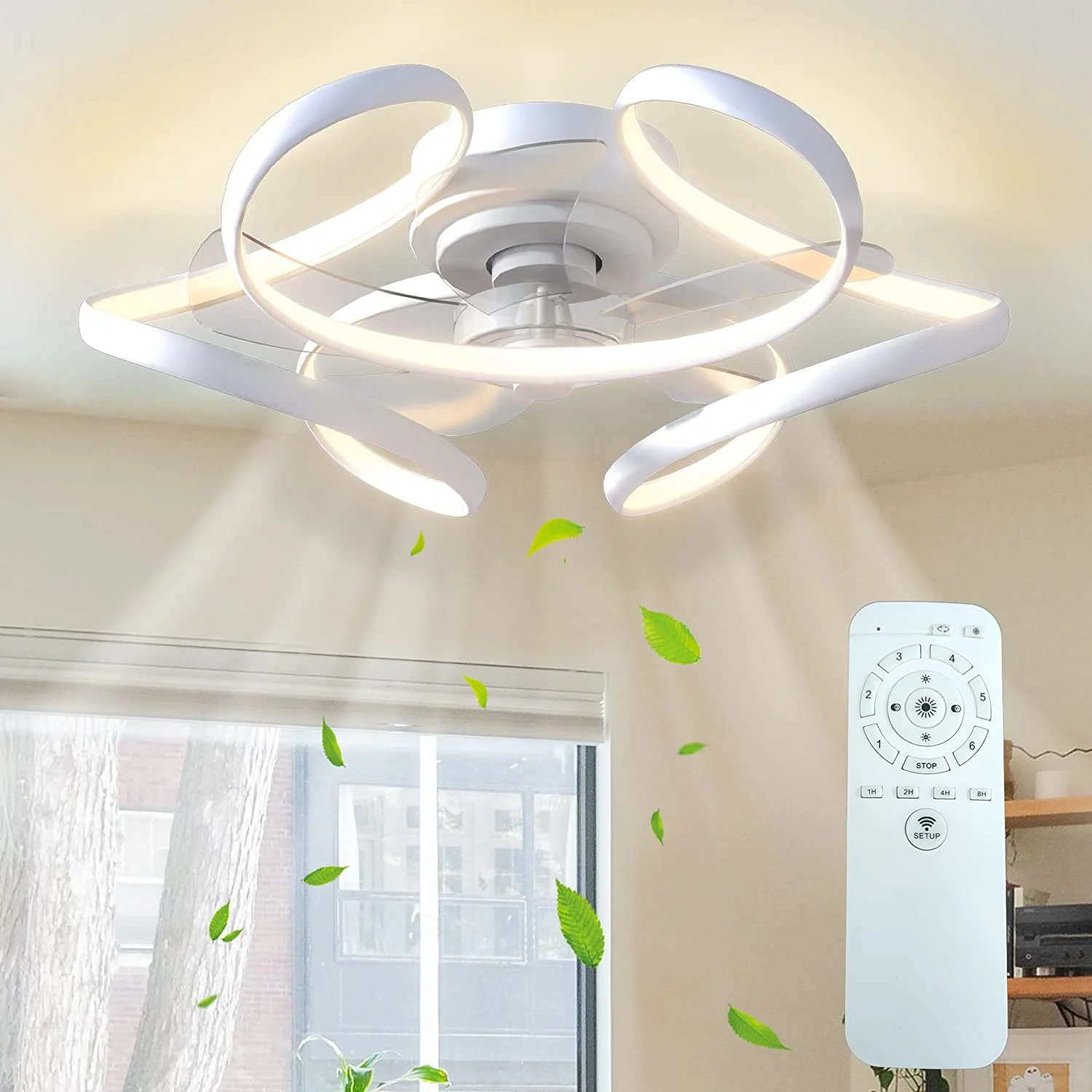 Surnie Ceiling Fan with Light Remote Low Profile Ceiling Fan 6 Speeds 3 Colors Modern Bladeless Flush Mount Ceiling Fans Reversible Dimmable Geometric for Living Room Bedroom Kitchen, White
