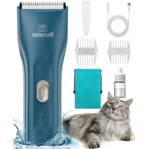 Oneisall LGL006 Cat Grooming Clippers, Cordless Quiet Cat Clippers for Cat Matted Hair, IPX7 Waterproof Small Pet Hair Clippers with 2 Guide Combs & Storage Bag, Pet Shaver for Grooming - Navy Blue